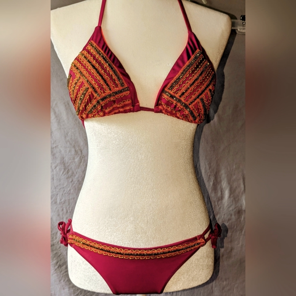 Handmade Columbian Beaded and Embroidered  bikini. Maroon/Red. Sz. M. New